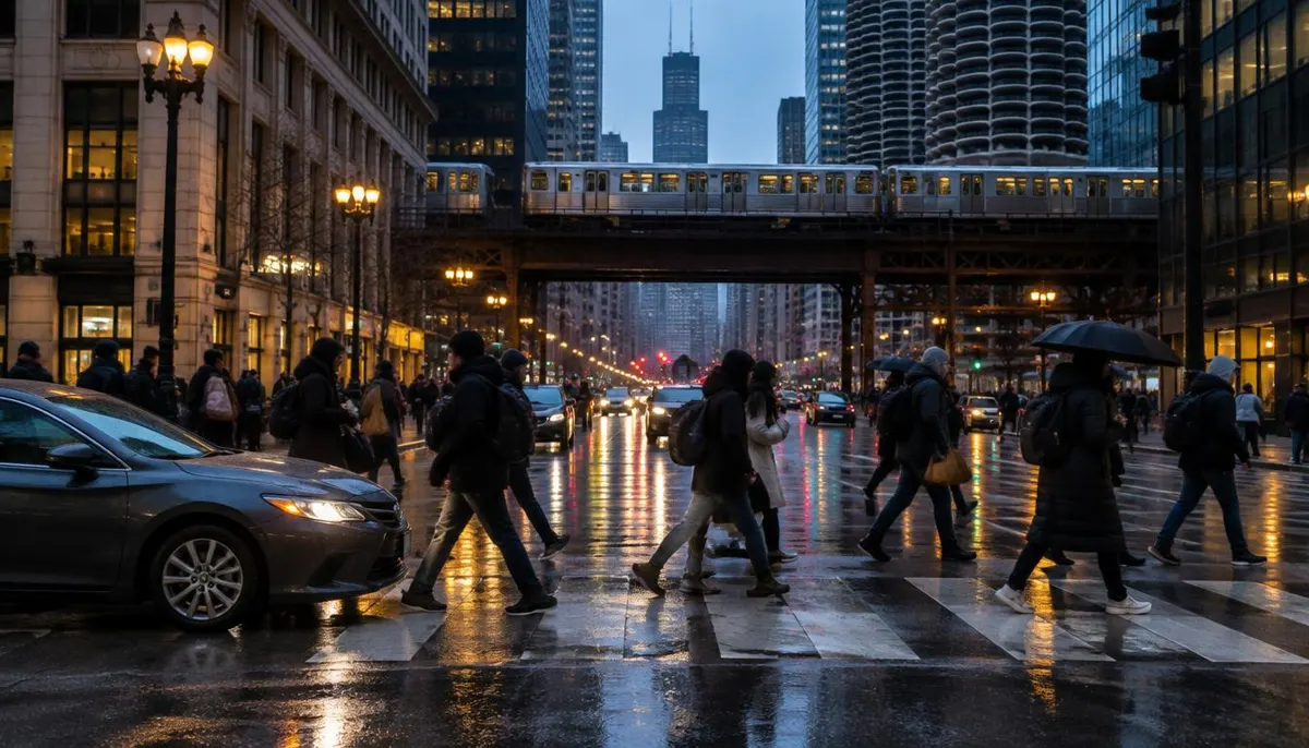 Personas cruzando una calle mojada en el centro de Chicago al anochecer, con un auto detenido junto al cruce peatonal y el tren elevado al fondo