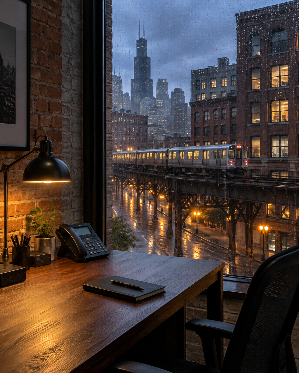 Escritorio vacío con un teléfono y una libreta junto a una ventana con vista a las vías elevadas del tren de Chicago al anochecer