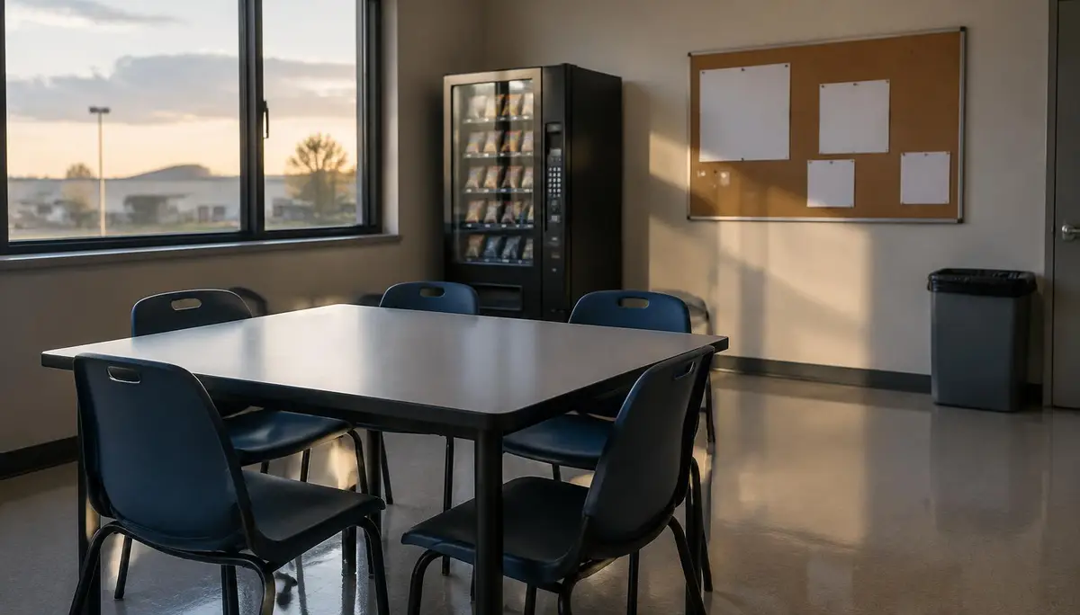 Un comedor de trabajo vacío con una mesa, sillas azules y una máquina de bocadillos, con la luz tranquila del final del turno