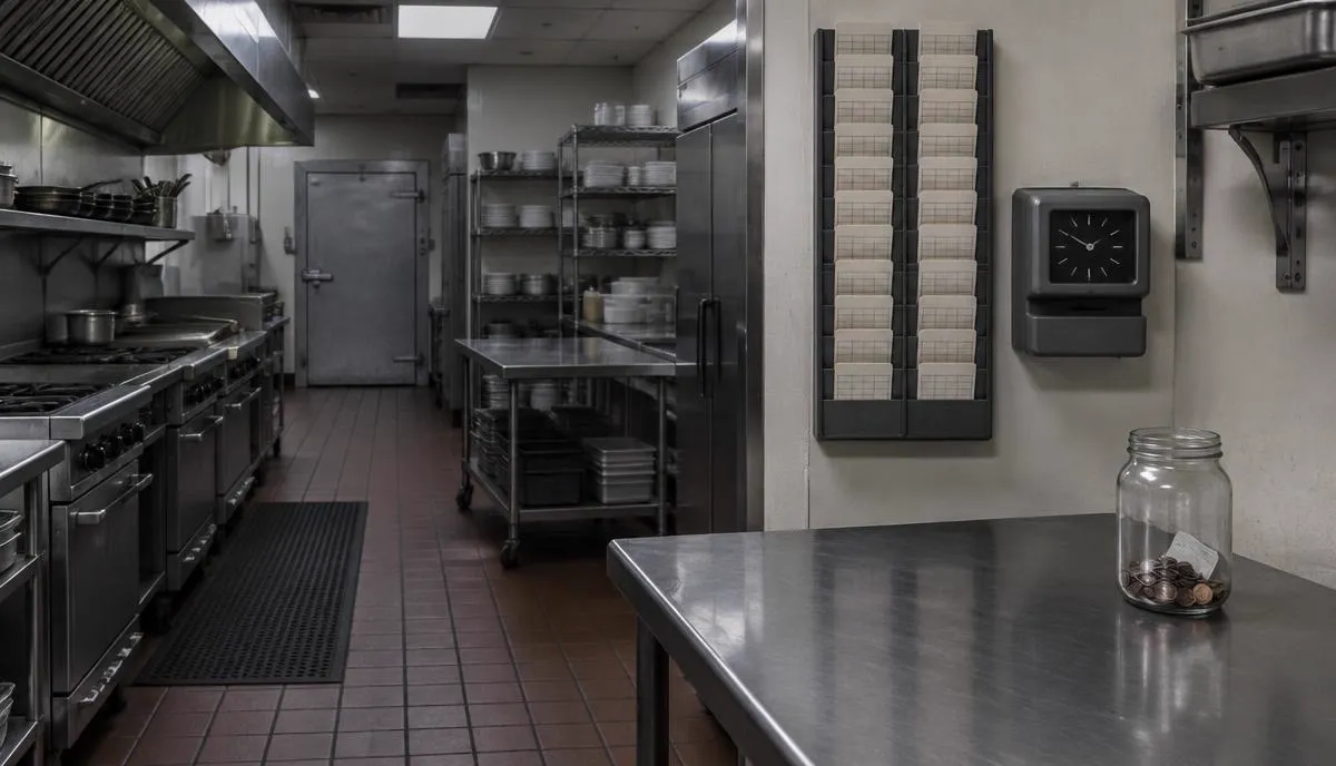 La parte de atrás de la cocina de un restaurante en Chicago después de cerrar, con un reloj checador en la pared y un frasco de propinas sobre el mostrador