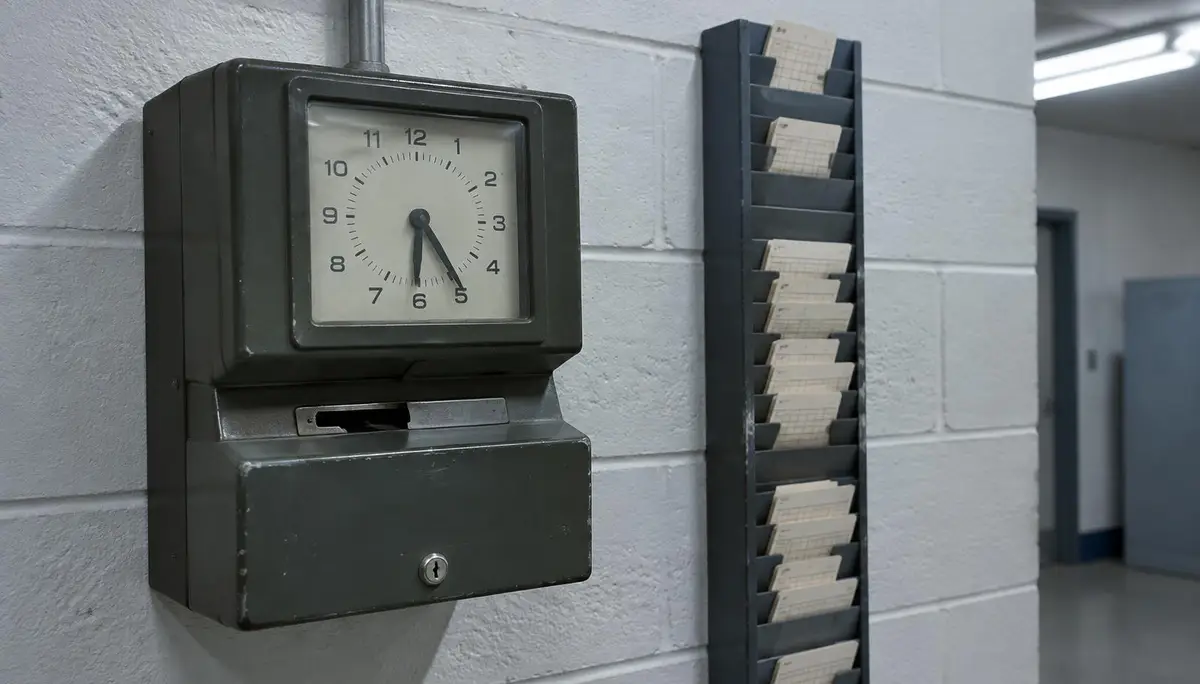 Un reloj checador viejo en una pared de bloques junto a un estante de tarjetas de horas, con luz fluorescente al final del turno