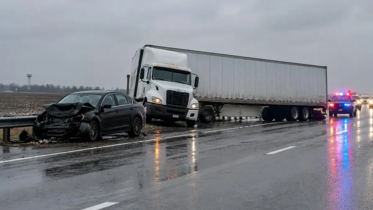 Un tráiler atravesado y un carro dañado en el acotamiento de una autopista de Illinois, con luces de emergencia en un día nublado