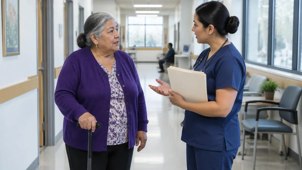 Mujer latina con bastón conversando con una profesional de salud en el pasillo de una clínica