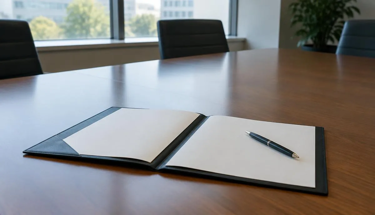 Carpeta abierta con hojas en blanco y una pluma sobre una mesa de junta vacía, con luz de ventana
