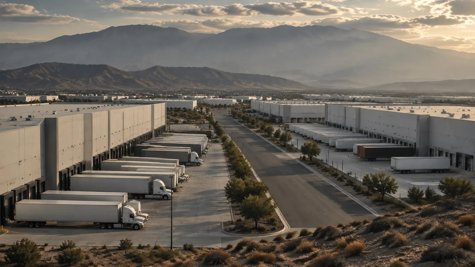 Naves de distribución y tráileres estacionados en un corredor logístico del Inland Empire al atardecer