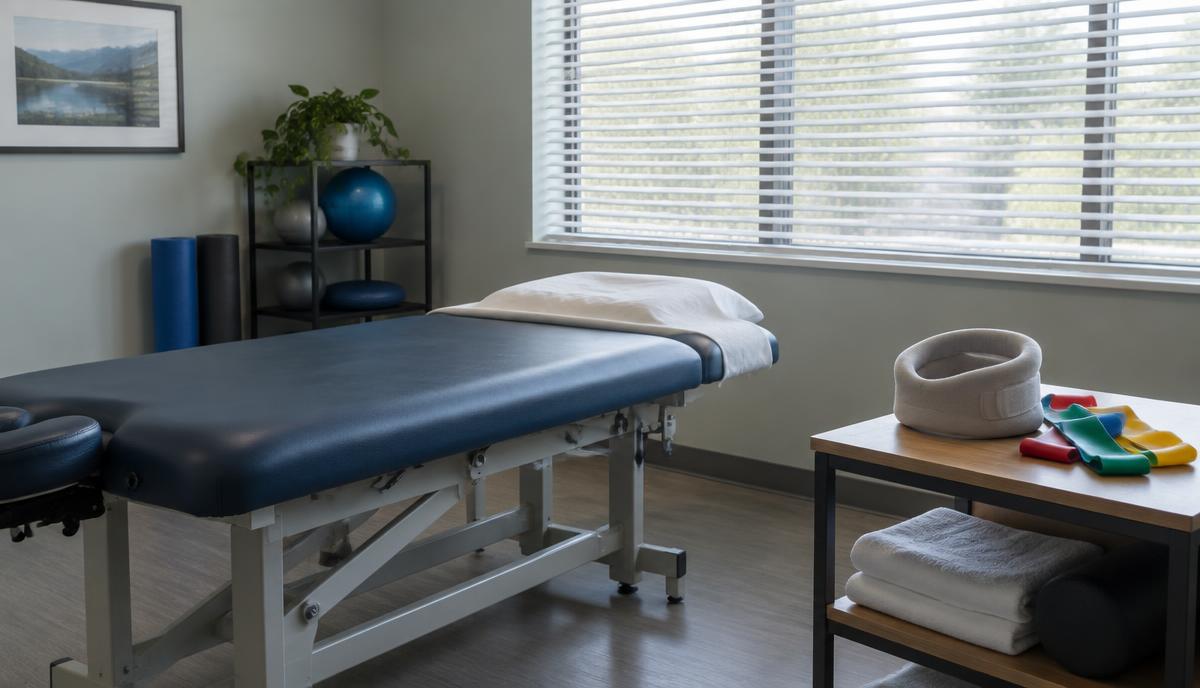 Sala de terapia física vacía con una camilla, un collarín cervical doblado y bandas de ejercicio sobre la mesa