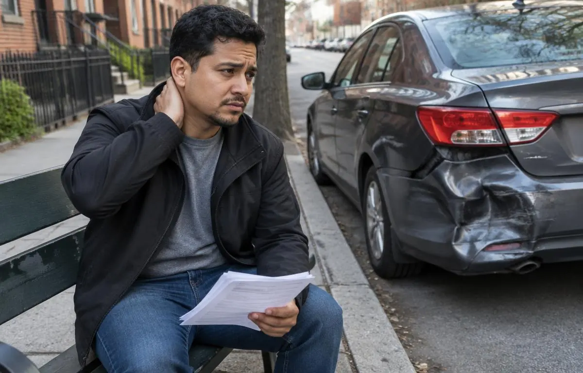 Lesión grave en Nueva York: hombre latino sosteniendo su cuello con documentos después de un choque Lesión grave en Nueva York: hombre latino sosteniendo su cuello con documentos después de un choque
