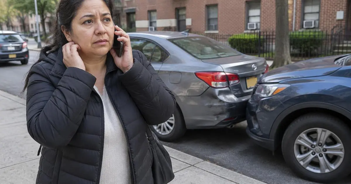 Lesión grave en Nueva York: mujer latina hablando por teléfono y tocando su cuello después de un choque Lesión grave en Nueva York: mujer latina hablando por teléfono y tocando su cuello después de un choque