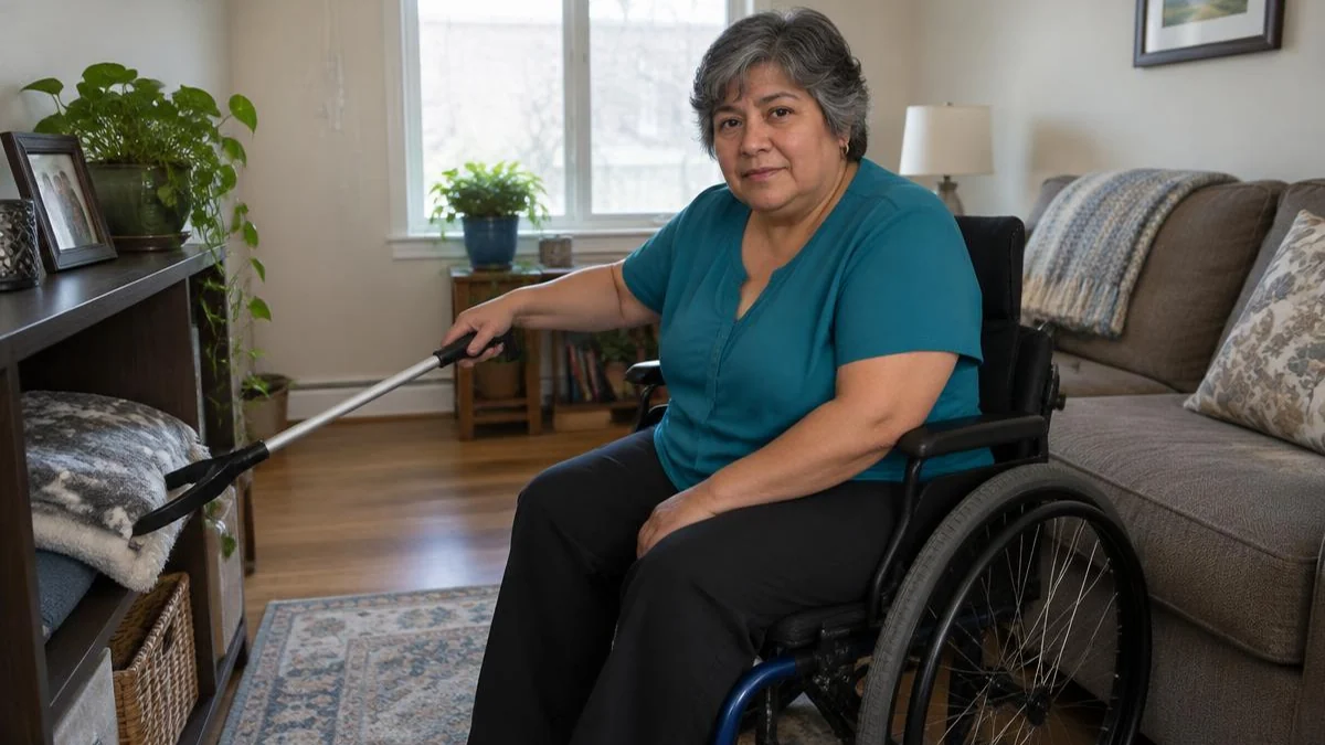 Mujer latina en silla de ruedas usando un alcanzador junto al sofá de su casa