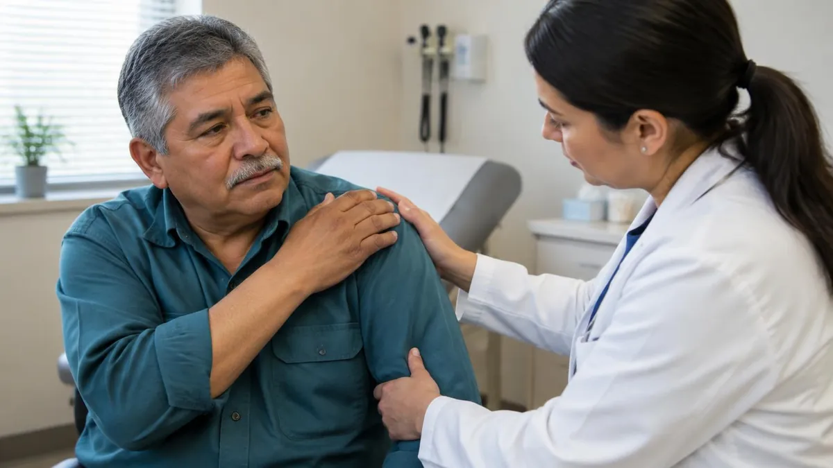 Trabajador latino de cabello canoso se sostiene el hombro mientras conversa con una doctora en un consultorio de Illinois