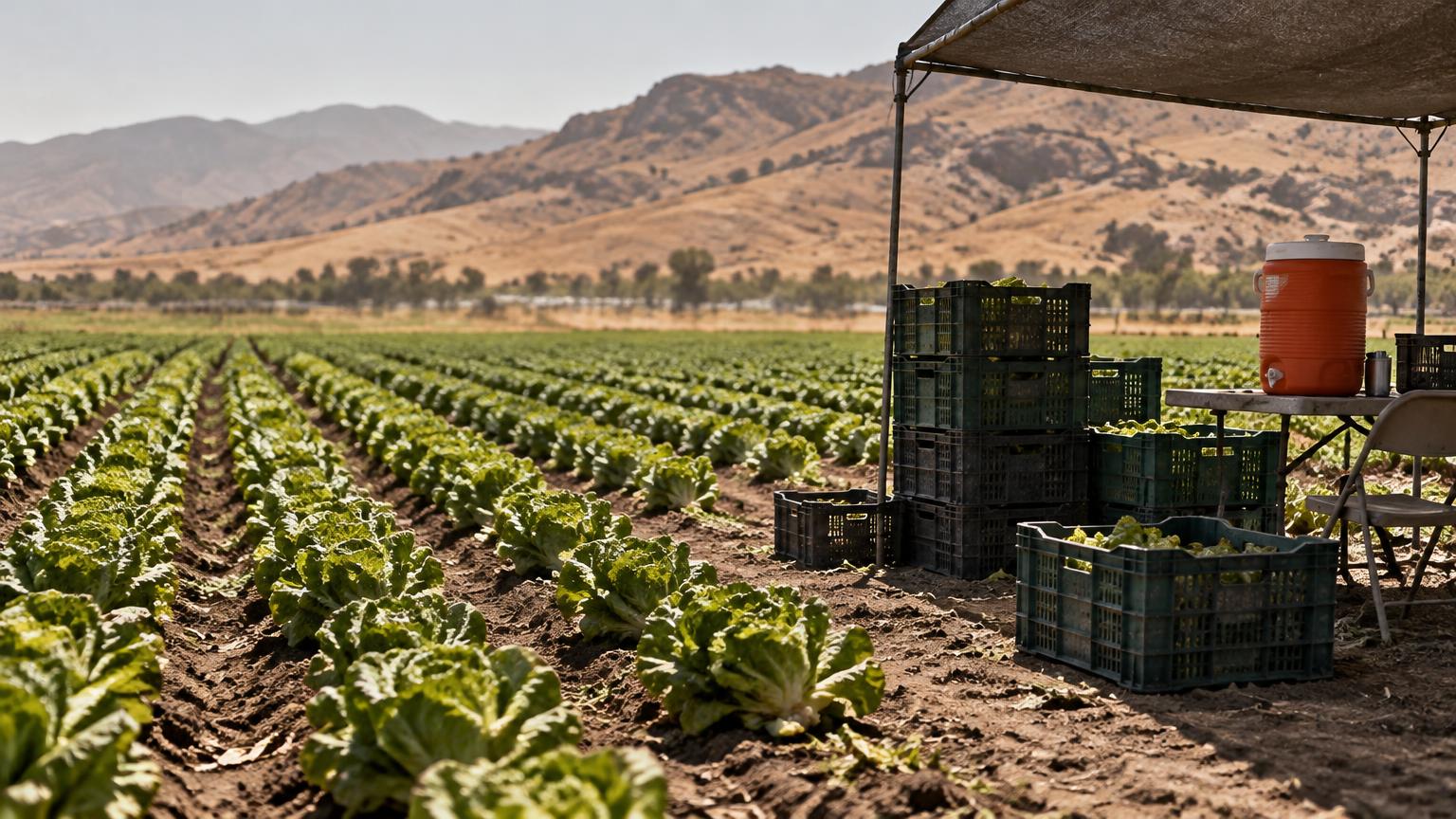 Campo de lechuga en un día de calor, con cajas de cosecha apiladas, una lona de sombra y un garrafón de agua al borde del surco