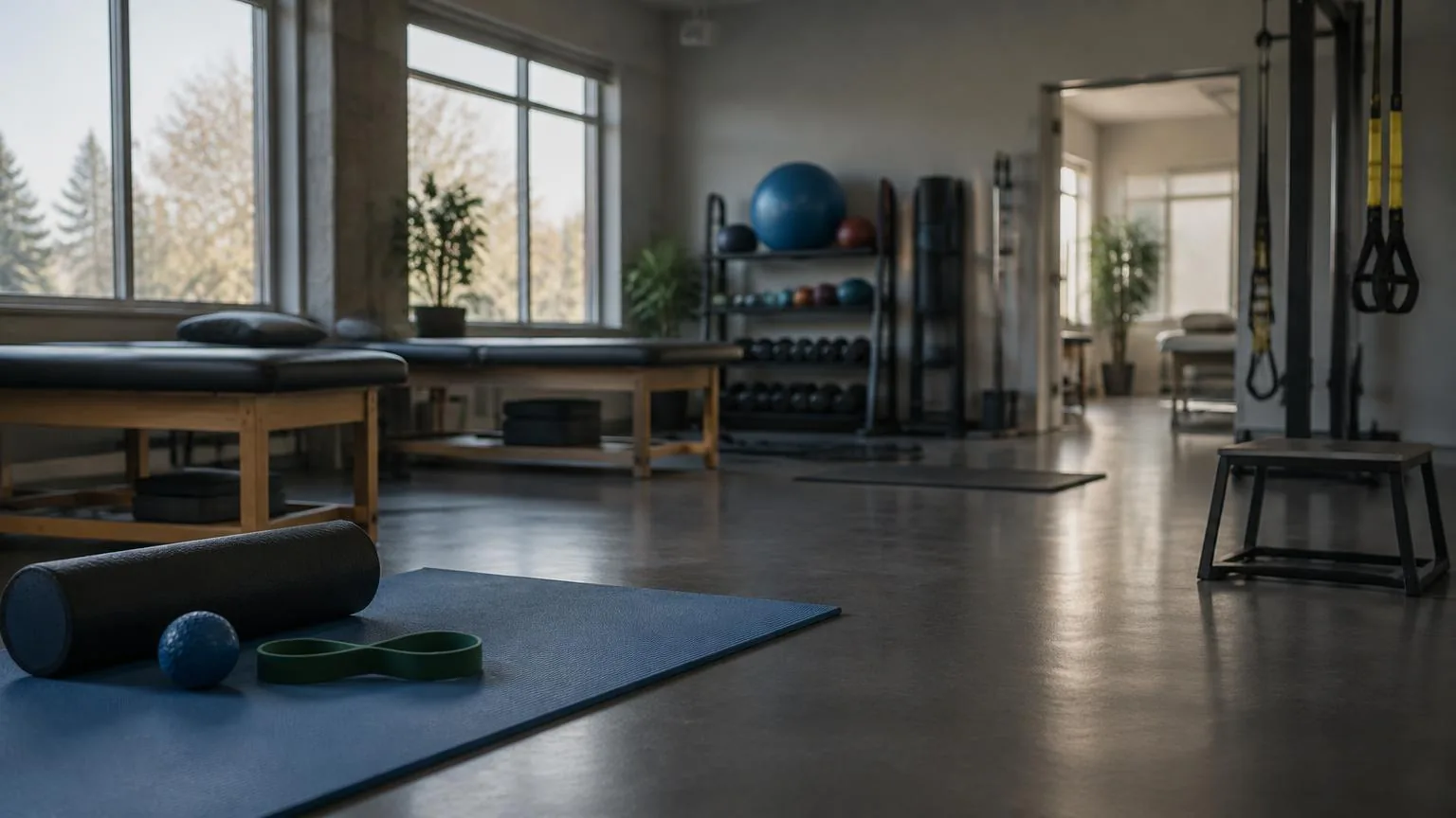 Gimnasio de terapia física vacío, con colchonetas, bancas bajas y equipo de rehabilitación fuera de foco, iluminado por luz natural suave desde ventanales.