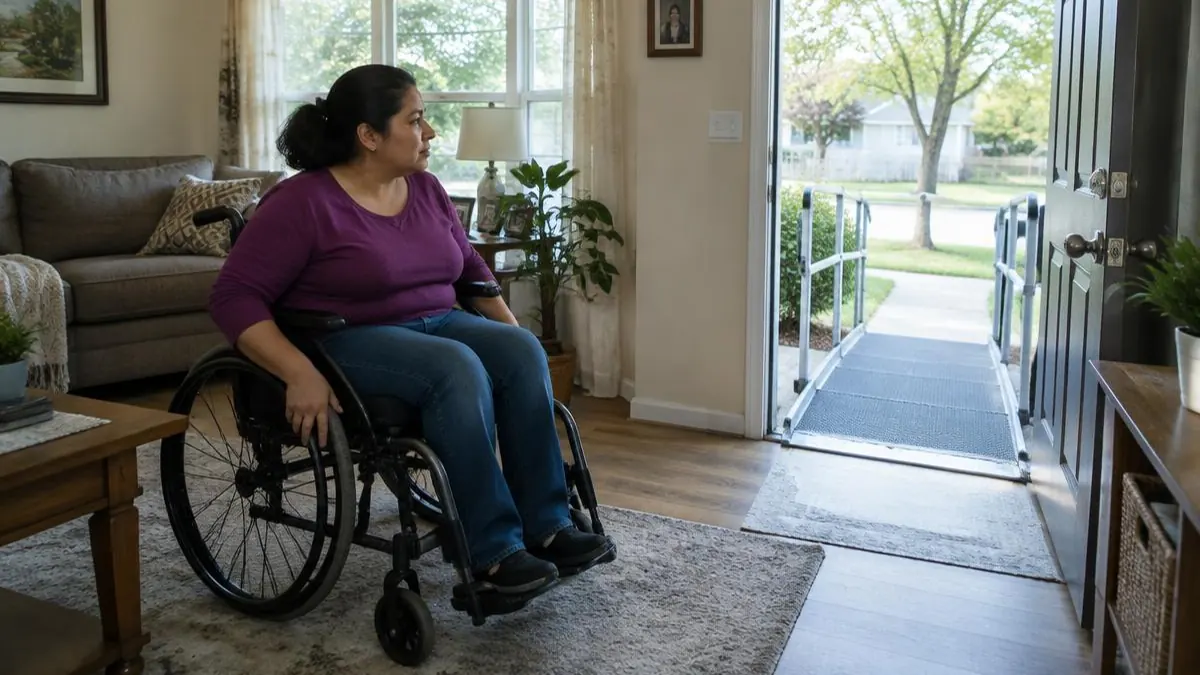 Mujer latina en silla de ruedas mirando una rampa desde la sala de su casa