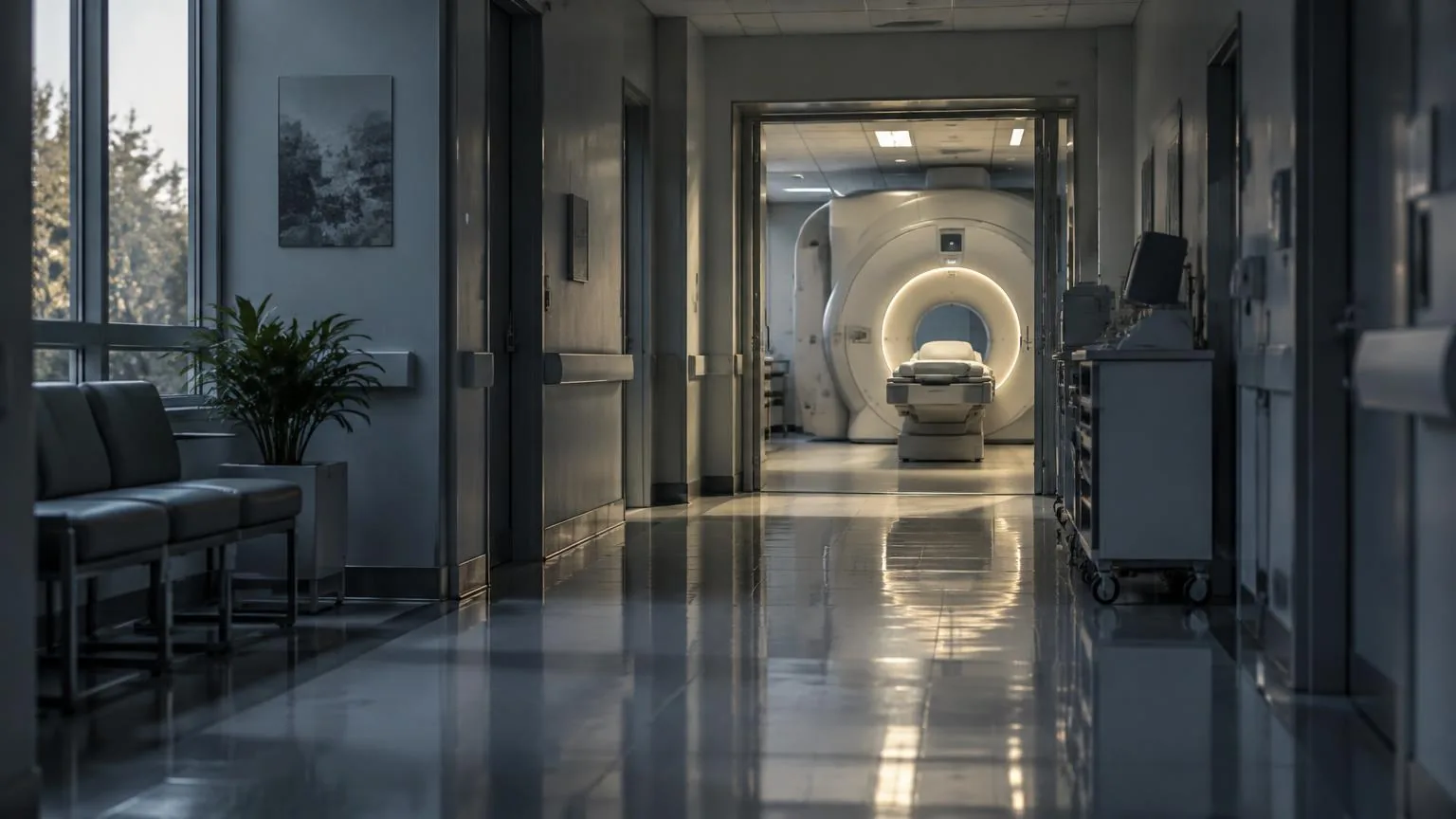 Pasillo vacío de hospital con luz clínica suave que lleva a una sala de estudios de imagen con un escáner al fondo.