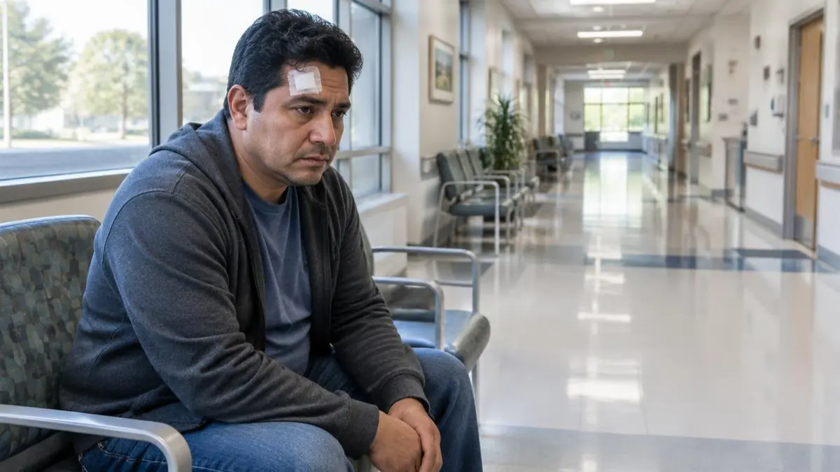Lesiones cerebrales en Nueva York: hombre latino con un apósito en la frente sentado junto a un pasillo de hospital Lesiones cerebrales en Nueva York: hombre latino con un apósito en la frente sentado junto a un pasillo de hospital