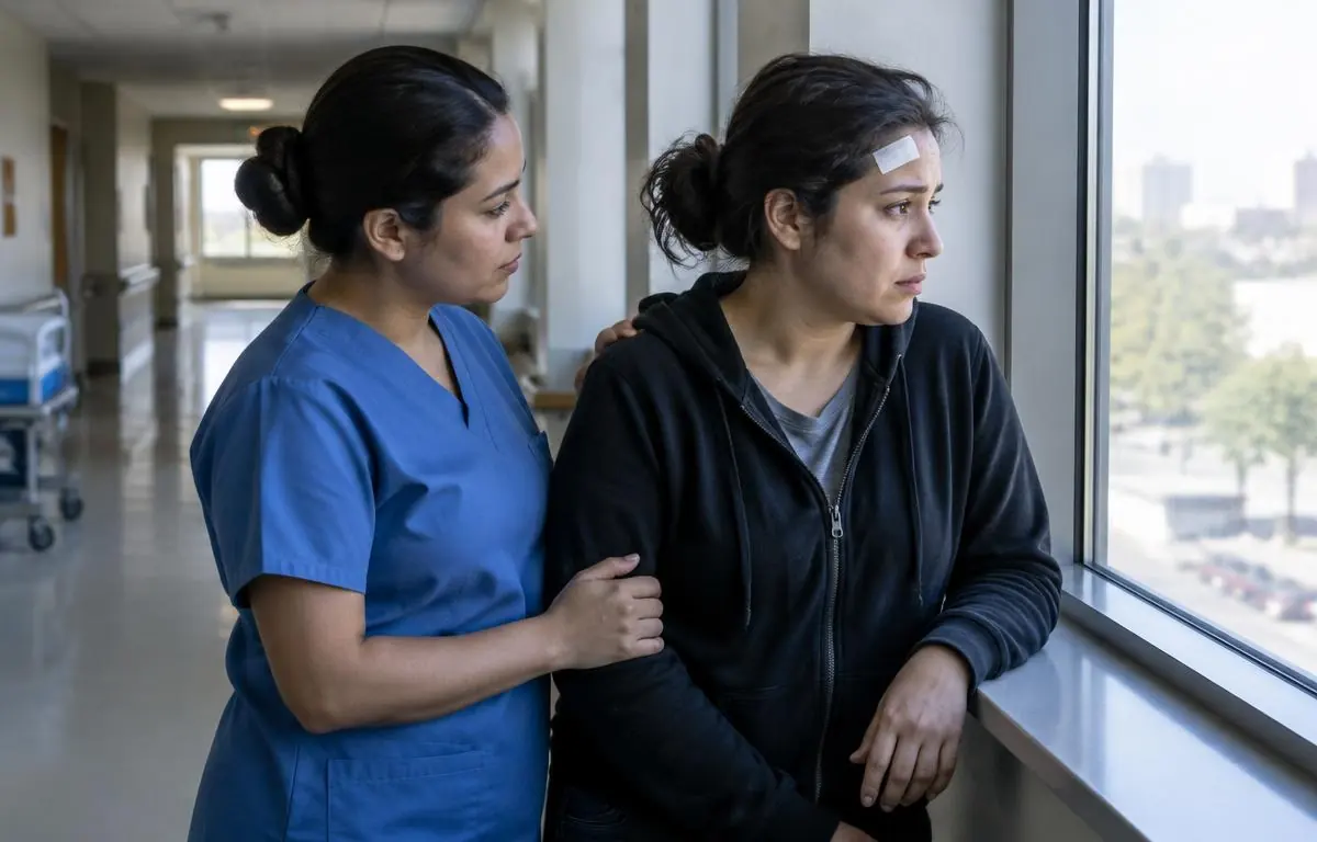 Mujer latina preocupada acompañada por una enfermera junto a una ventana del hospital Mujer latina preocupada acompañada por una enfermera junto a una ventana del hospital