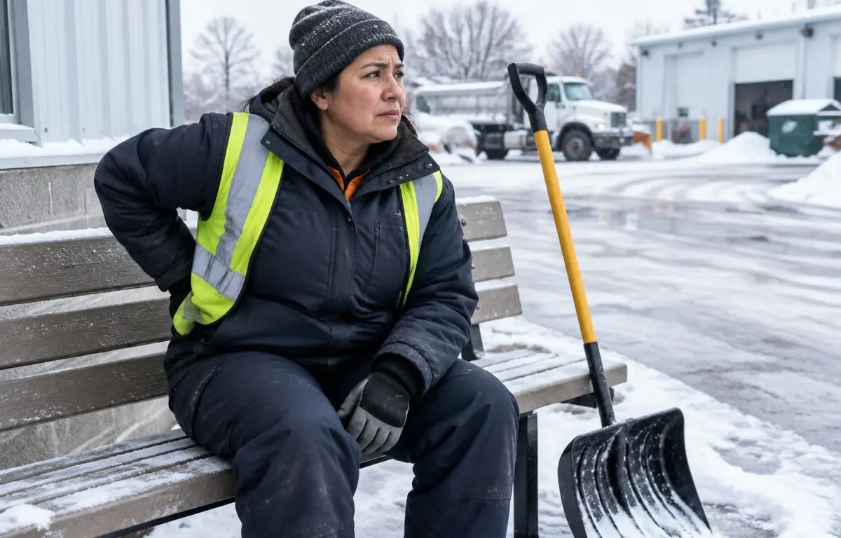 Lesiones invernales en Illinois: trabajadora latina en ropa de invierno preocupada junto a un sitio de trabajo nevado