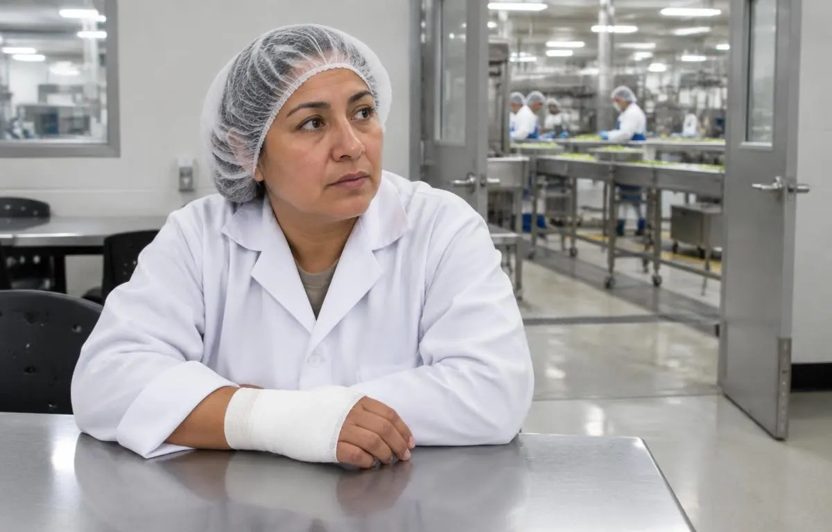Lesiones en empacadoras de Illinois: trabajadora latina preocupada con cofia y mano protegida junto a equipos de acero inoxidable
