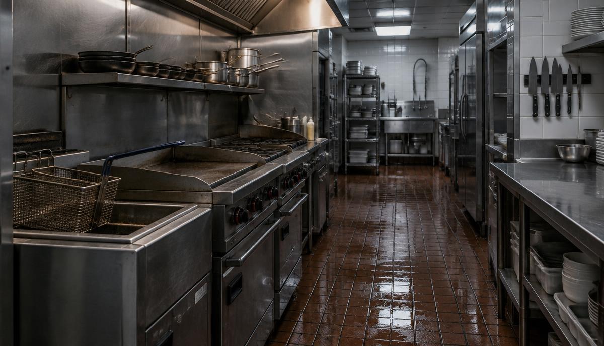 Línea de cocina de restaurante vacía al cierre, con freidora, plancha, cuchillos en una barra magnética y piso de loseta mojado