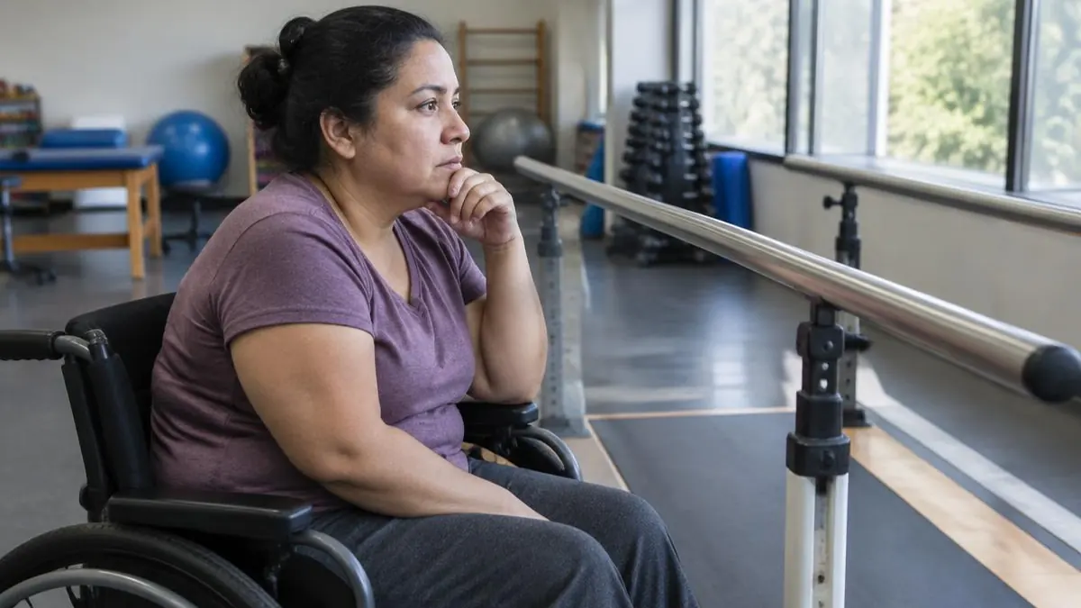 Mujer latina en silla de ruedas junto a barras de rehabilitación