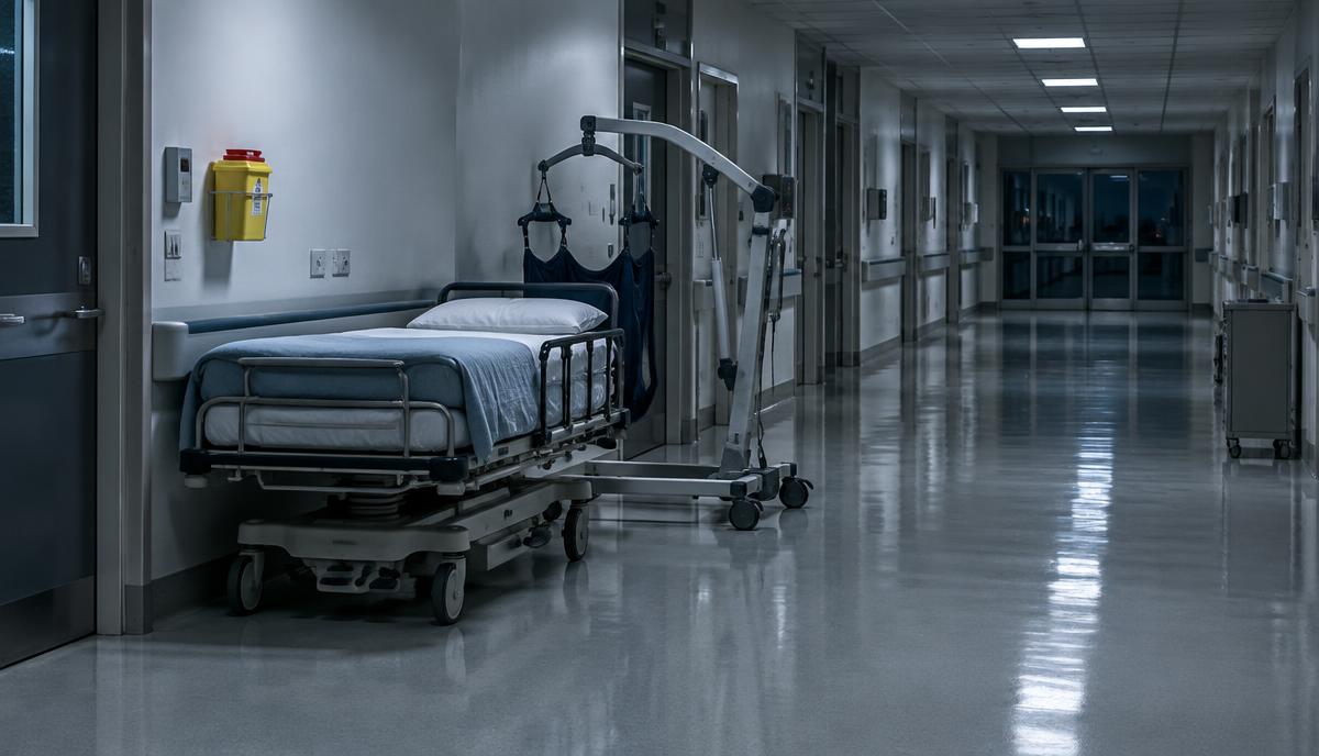 Pasillo de hospital vacío de noche con una camilla de traslado y una grúa mecánica para mover pacientes junto a la pared