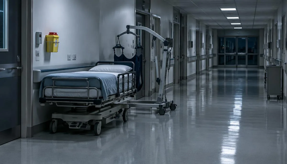 Pasillo de hospital vacío de noche con una camilla de traslado y una grúa mecánica para mover pacientes junto a la pared