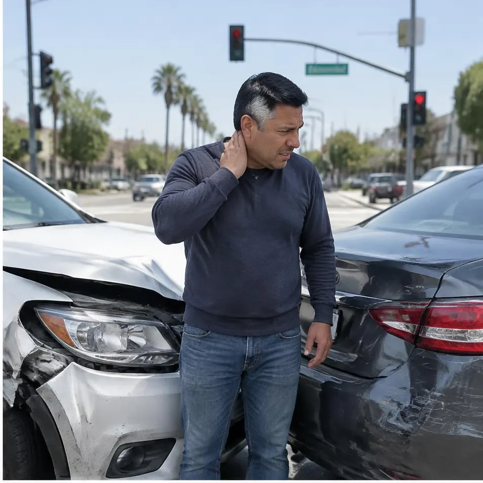 Conductor latino sosteniéndose el cuello entre dos carros dañados en California