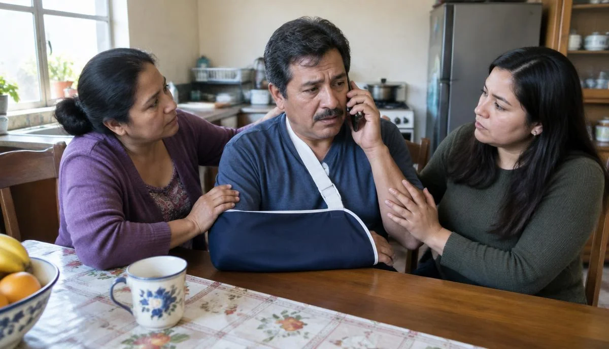Familia latina en la mesa de la cocina con el padre en cabestrillo hablando por teléfono Familia latina en la mesa de la cocina con el padre en cabestrillo hablando por teléfono