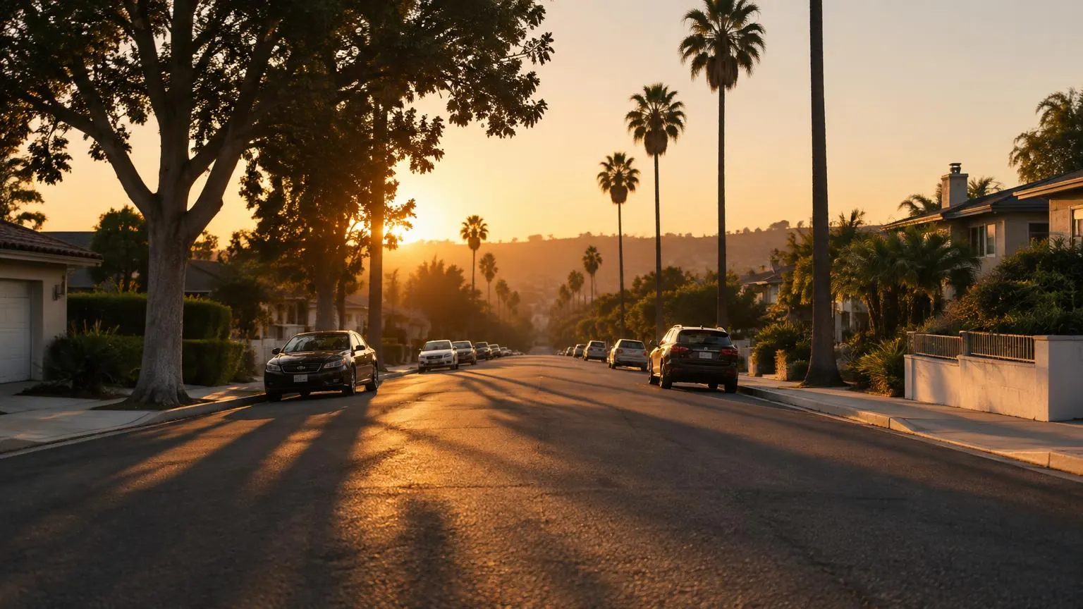Calle residencial de California vacía a la hora dorada, con palmeras, autos estacionados y sombras largas sobre el pavimento.