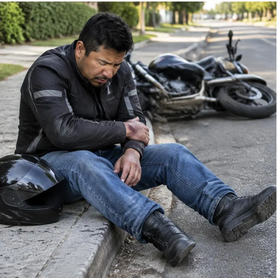 Motociclista latino sosteniéndose el brazo junto a una moto caída en California