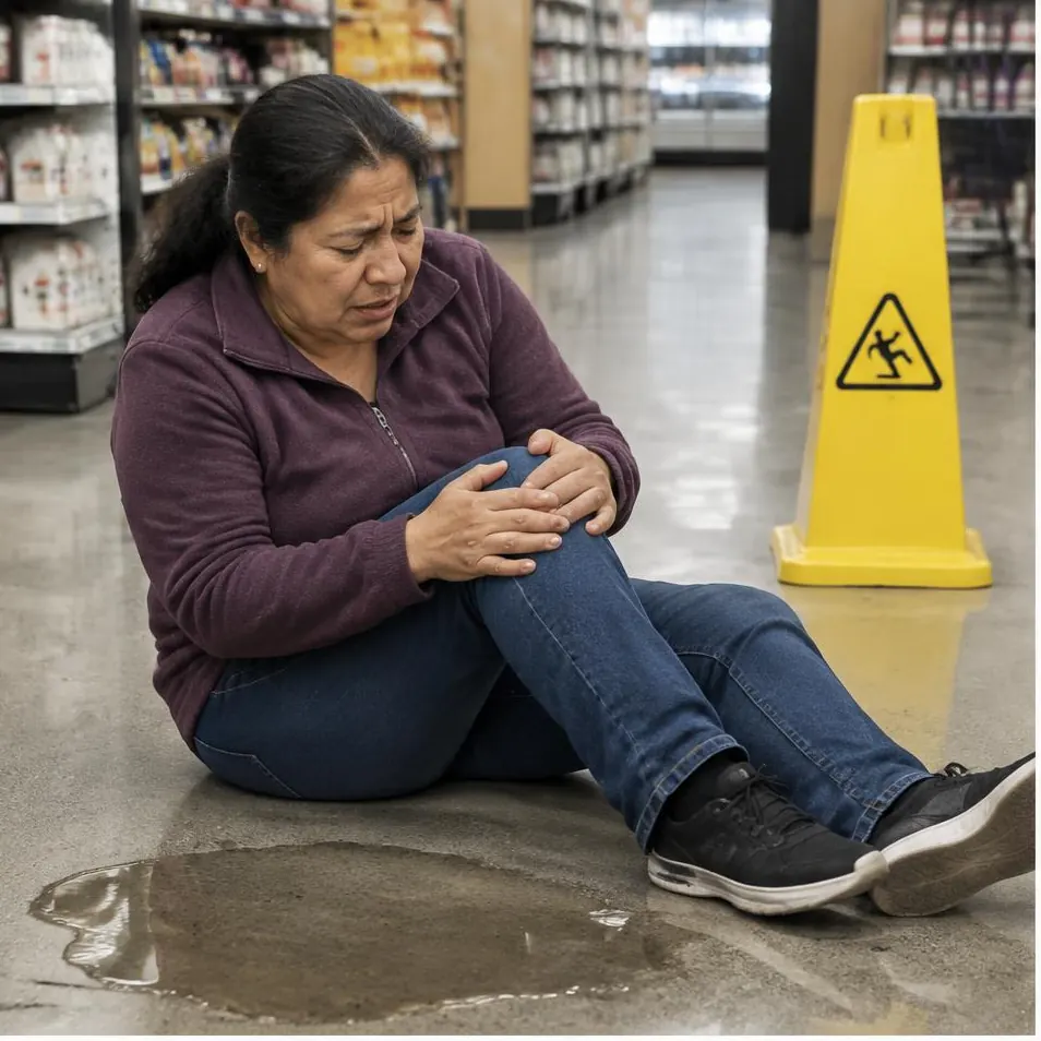Mujer latina sosteniéndose la rodilla junto a un piso mojado en una tienda en California