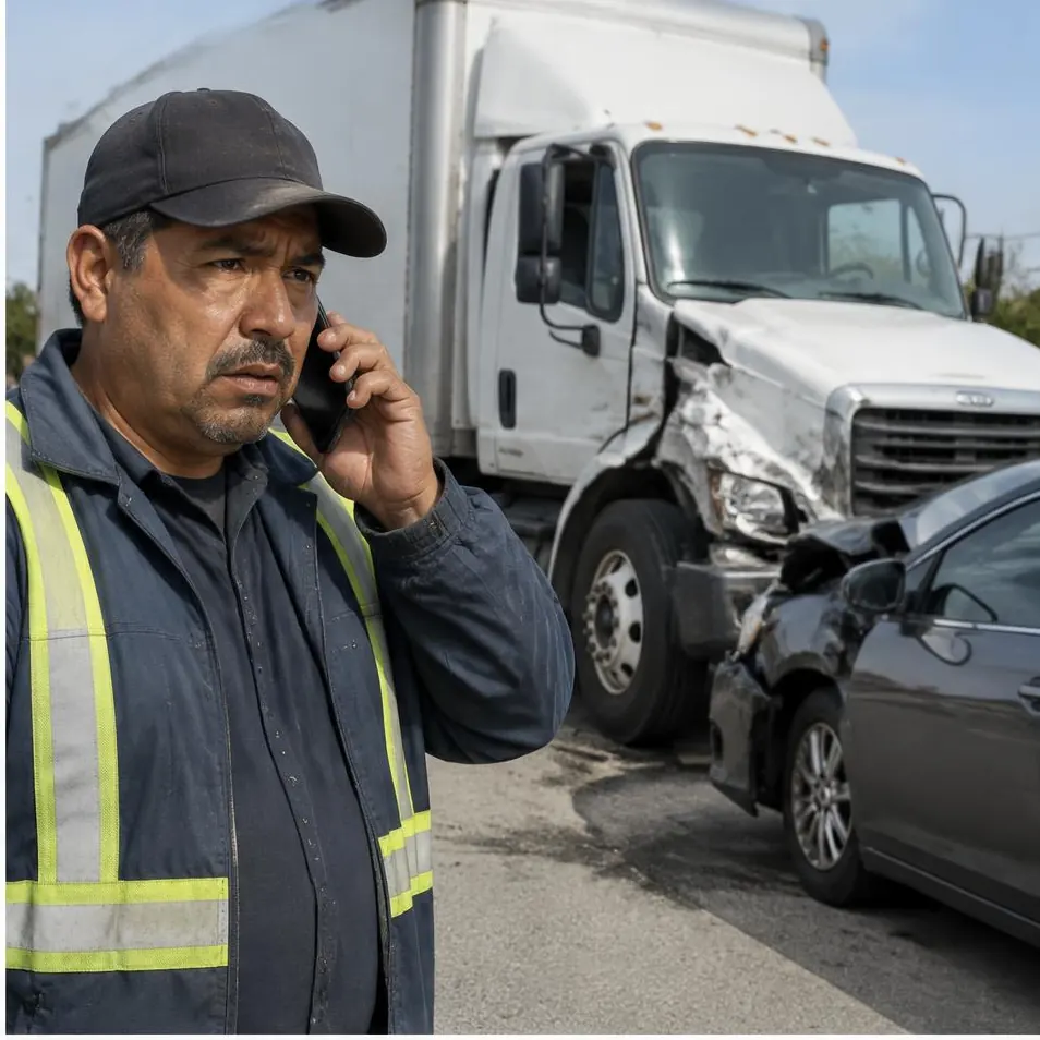 Conductor latino hablando por teléfono junto a un camión y un carro dañados en California