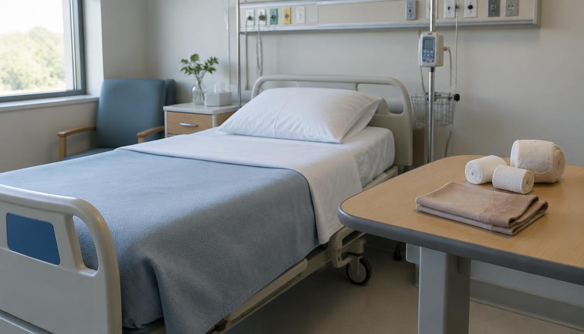 Cuarto de hospital vacío y ordenado con vendajes limpios y una prenda de compresión doblada sobre la mesa lateral