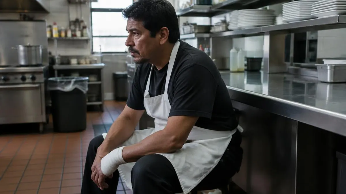 Cocinero latino con mano vendada sentado junto a un mostrador de acero