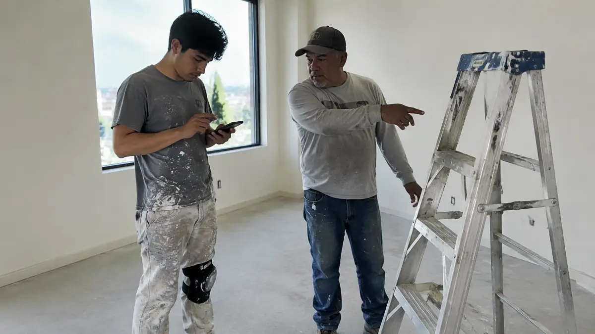 Joven pintor latino con rodillera anota datos en su celular mientras un compañero mayor señala la escalera de tijera en un departamento en remodelación