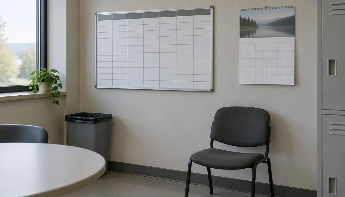 Área de descanso de empleados con un tablero de horarios en blanco, un calendario de pared sin anotaciones y una silla vacía
