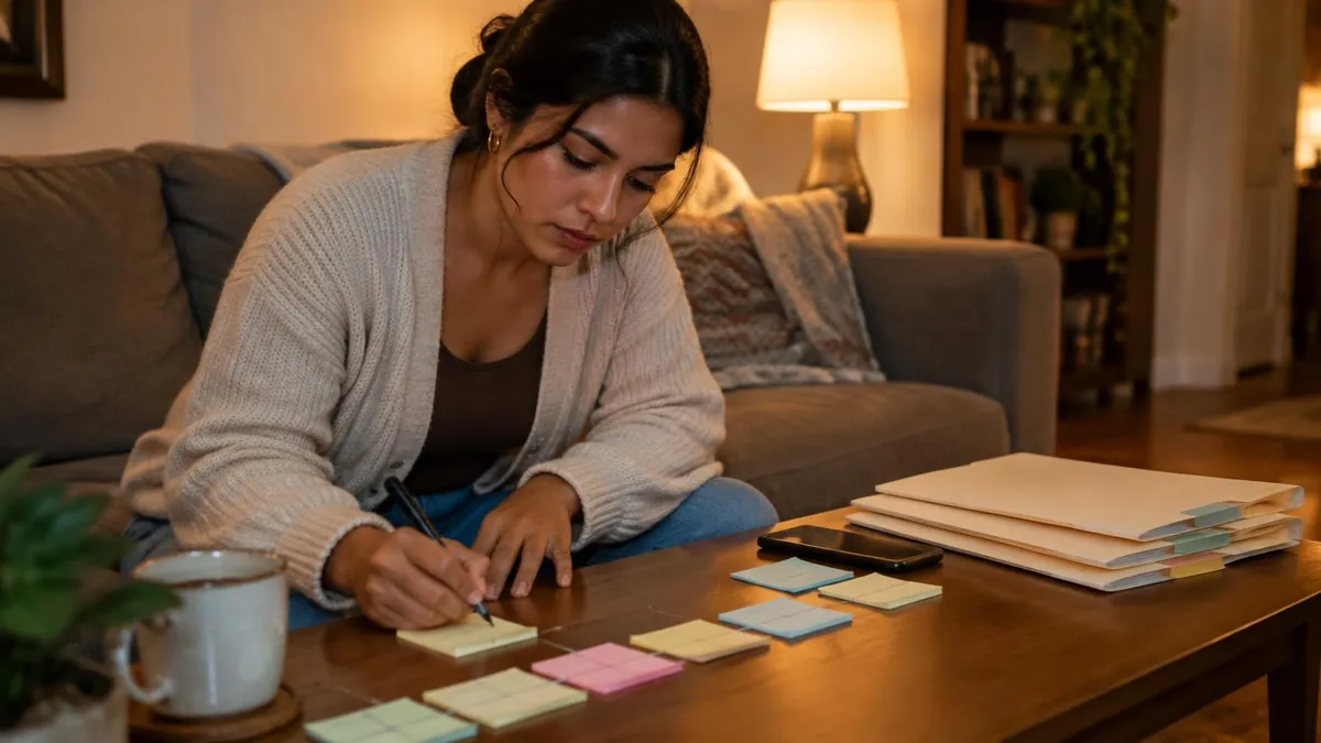 Mujer latina joven escribe fechas en notas adhesivas sobre una mesa de centro junto a carpetas y su celular Mujer latina joven escribe fechas en notas adhesivas sobre una mesa de centro junto a carpetas y su celular