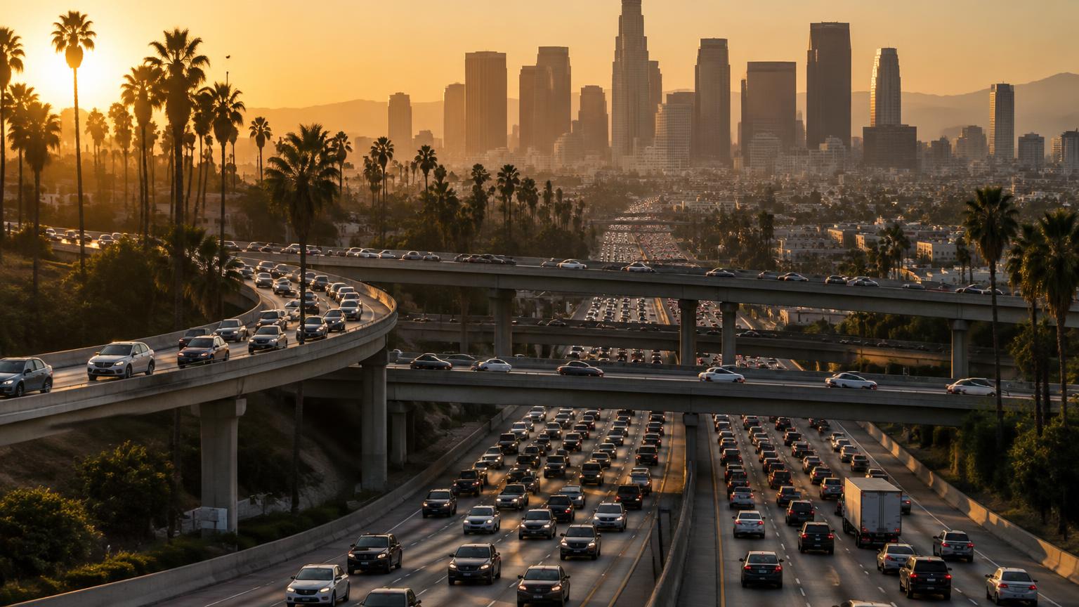 Intercambio de autopistas del Condado de Los Ángeles con tráfico denso y el centro de la ciudad al fondo al atardecer