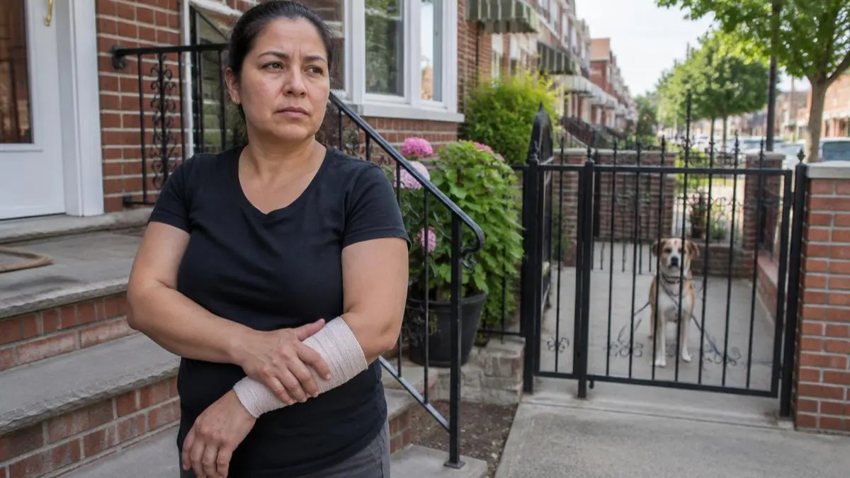 Mordeduras de perro en Nueva York: mujer latina con antebrazo vendado frente a una casa de Queens y un perro detrás de una reja Mordeduras de perro en Nueva York: mujer latina con antebrazo vendado frente a una casa de Queens y un perro detrás de una reja
