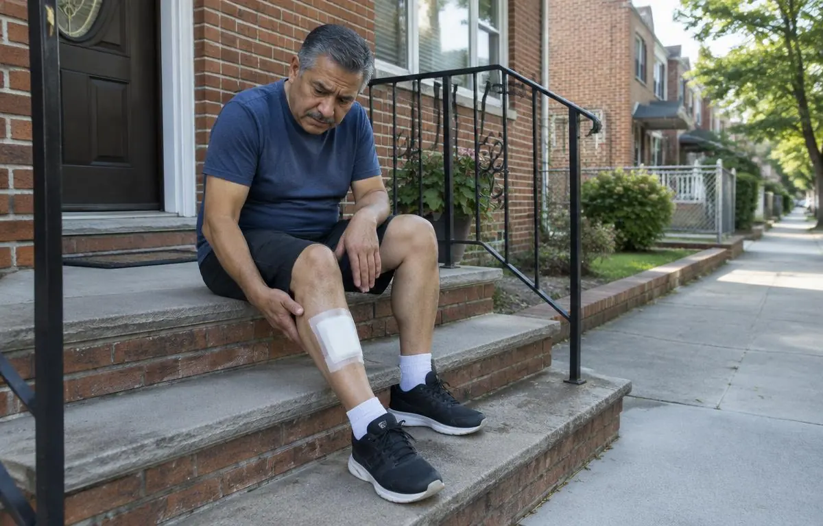 Hombre latino revisando un vendaje en la pierna sentado en la entrada de una casa de ladrillo Hombre latino revisando un vendaje en la pierna sentado en la entrada de una casa de ladrillo