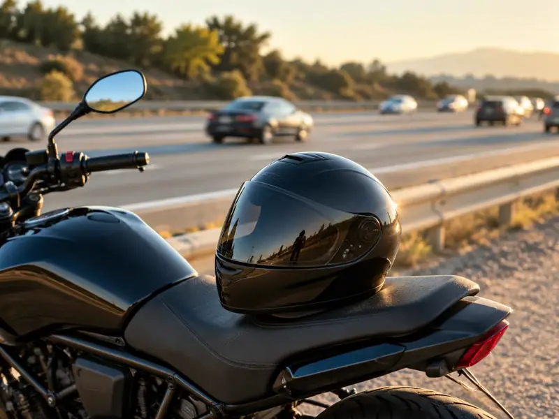 Casco de motociclista sobre el asiento de una motocicleta estacionada al lado de una autopista de California