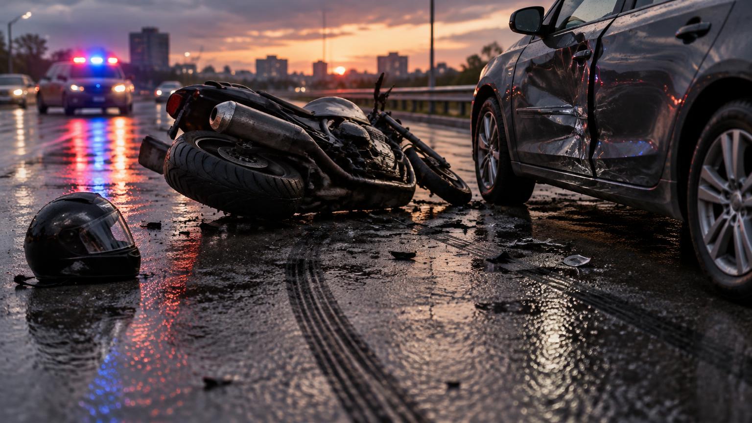 Una motocicleta caída sobre el asfalto mojado al atardecer junto a un carro con la puerta hundida, un casco en el suelo, marcas de derrape y luces de emergencia reflejadas en la calle.