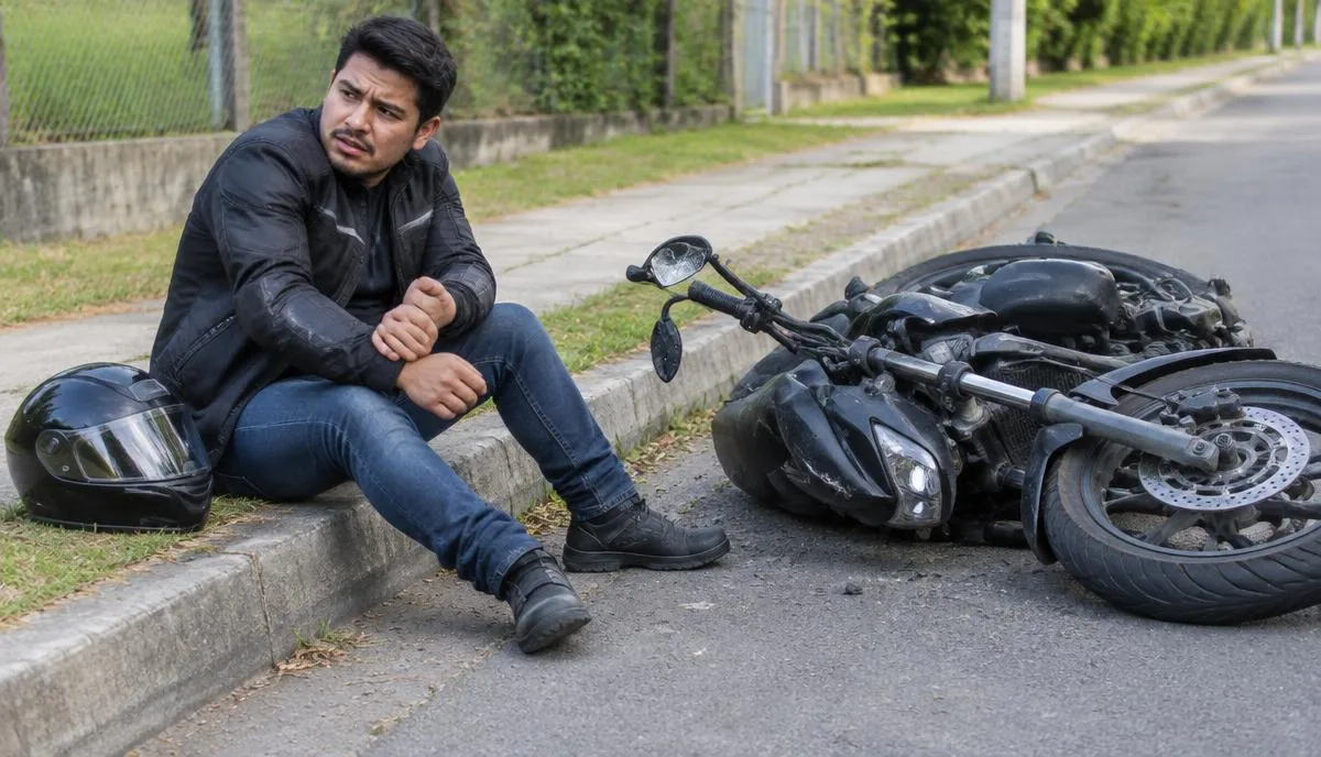 Motociclista latino sentado en la banqueta sosteniéndose la muñeca junto a su casco y una moto negra caída Motociclista latino sentado en la banqueta sosteniéndose la muñeca junto a su casco y una moto negra caída