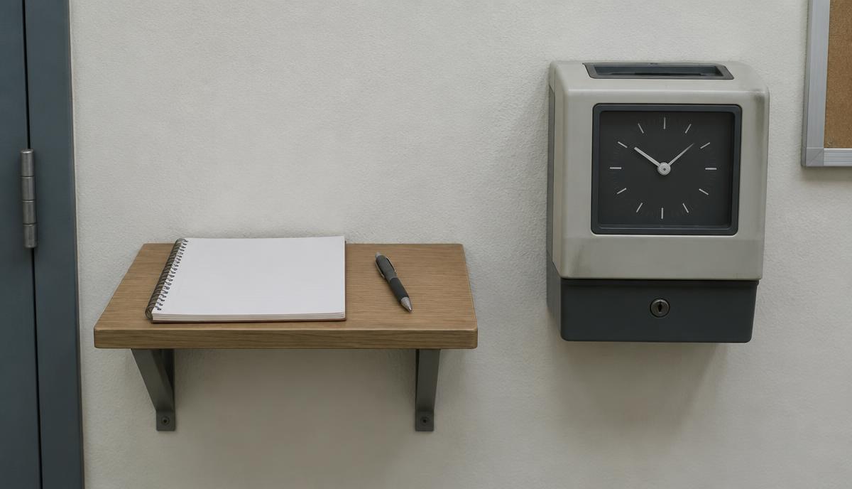 Cuaderno personal en blanco y un bolígrafo junto a un reloj checador sencillo en una pared de trabajo