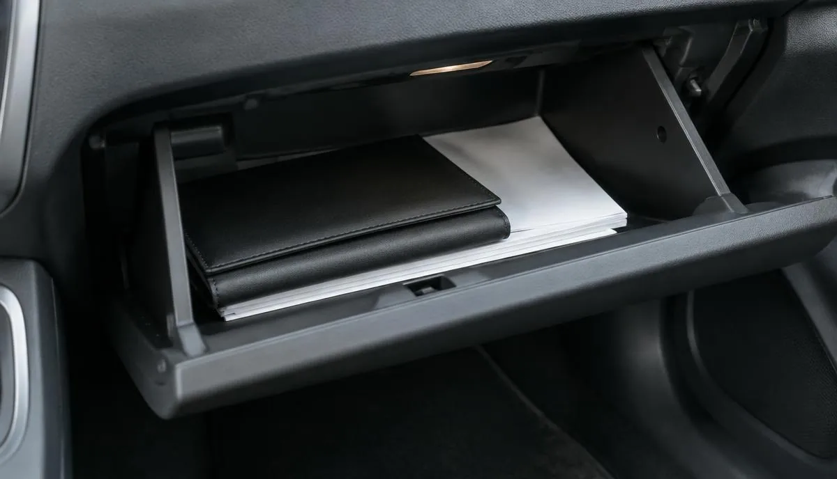 Guantera abierta de un carro con papeles en blanco y un porta documentos, sin texto legible
