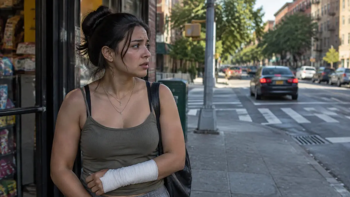 Joven latina con el antebrazo vendado afuera de una bodega del Bronx, mirando hacia la calle donde se fue un carro Joven latina con el antebrazo vendado afuera de una bodega del Bronx, mirando hacia la calle donde se fue un carro