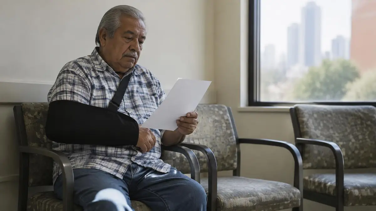 Hombre latino mayor con el brazo en cabestrillo leyendo una carta en la sala de espera de una clínica de Nueva York Hombre latino mayor con el brazo en cabestrillo leyendo una carta en la sala de espera de una clínica de Nueva York