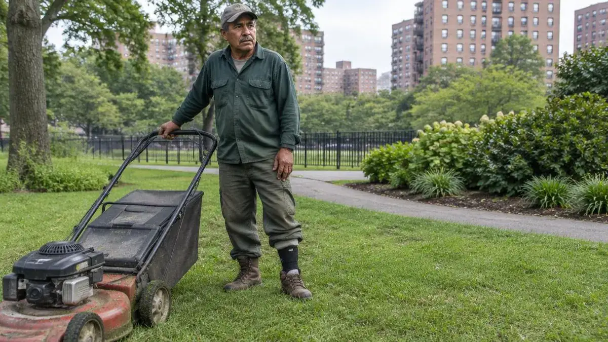 Jardinero latino con soporte en el tobillo junto a una cortadora de césped en un parque de Queens Jardinero latino con soporte en el tobillo junto a una cortadora de césped en un parque de Queens