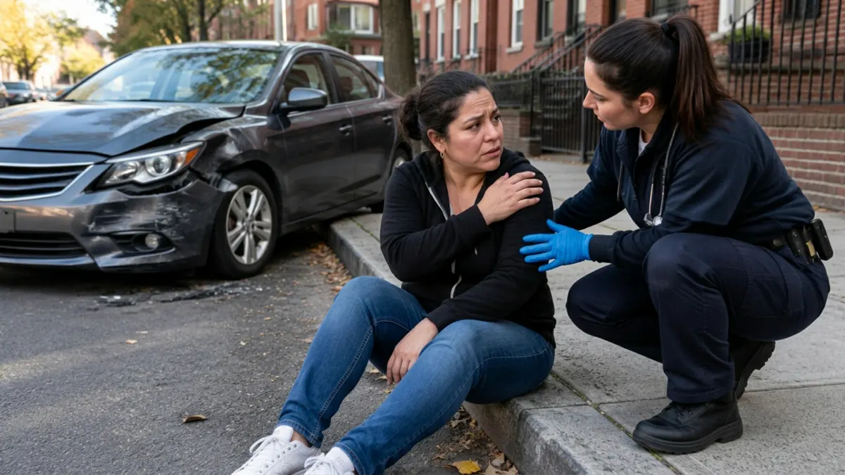 Conductora latina sosteniéndose el hombro mientras una paramédica la ayuda junto a un carro dañado en una calle de Brooklyn Conductora latina sosteniéndose el hombro mientras una paramédica la ayuda junto a un carro dañado en una calle de Brooklyn