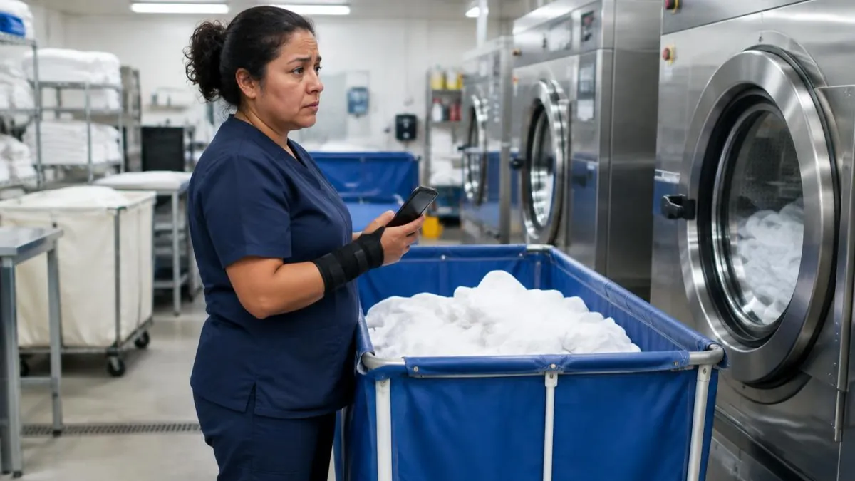 Trabajadora latina con muñequera y teléfono junto a máquinas y carritos de una lavandería de hotel en Nueva York Trabajadora latina con muñequera y teléfono junto a máquinas y carritos de una lavandería de hotel en Nueva York